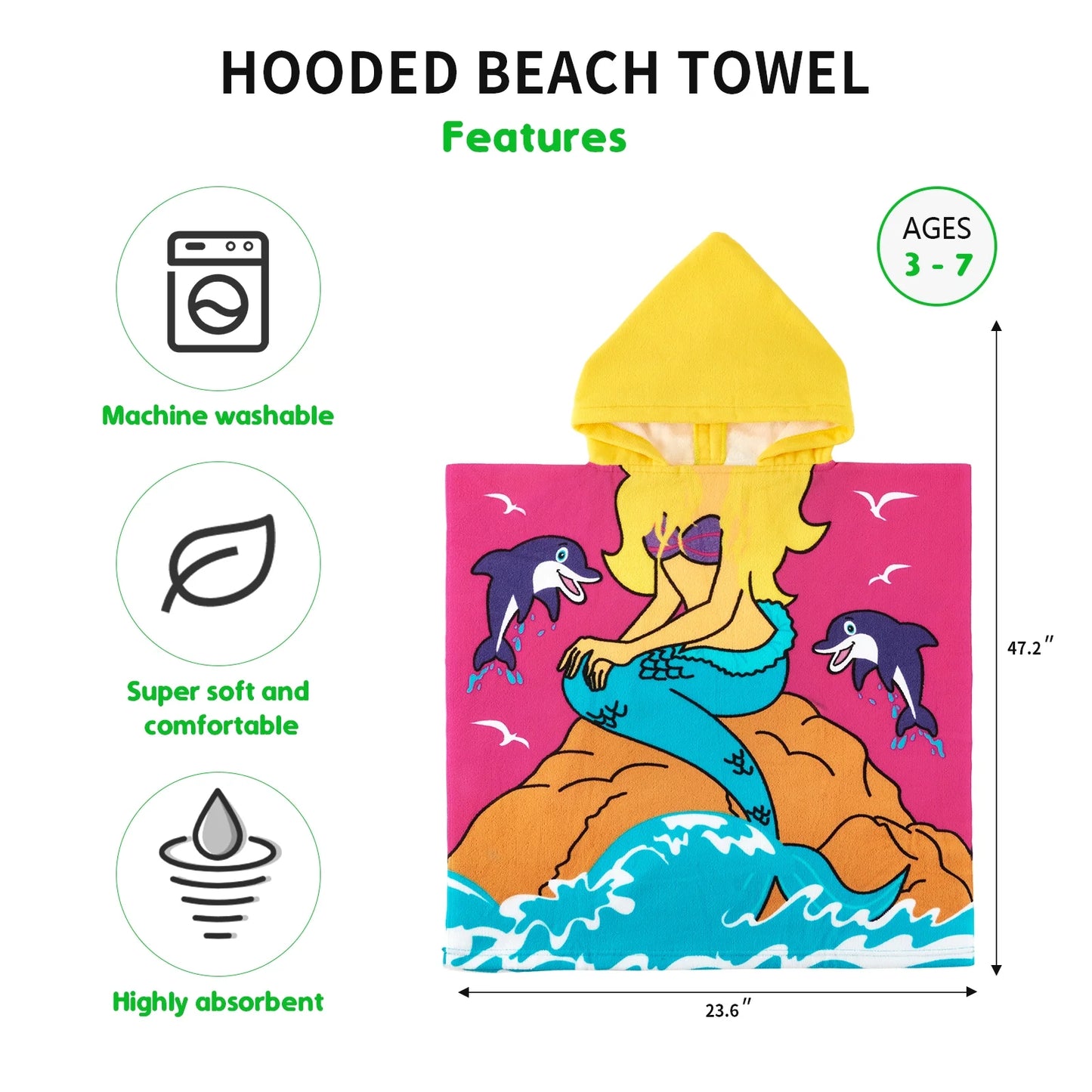Baby Kids Bath and Beach Hooded Towel Wrap, 24" X 48", Rose Red Mermaid