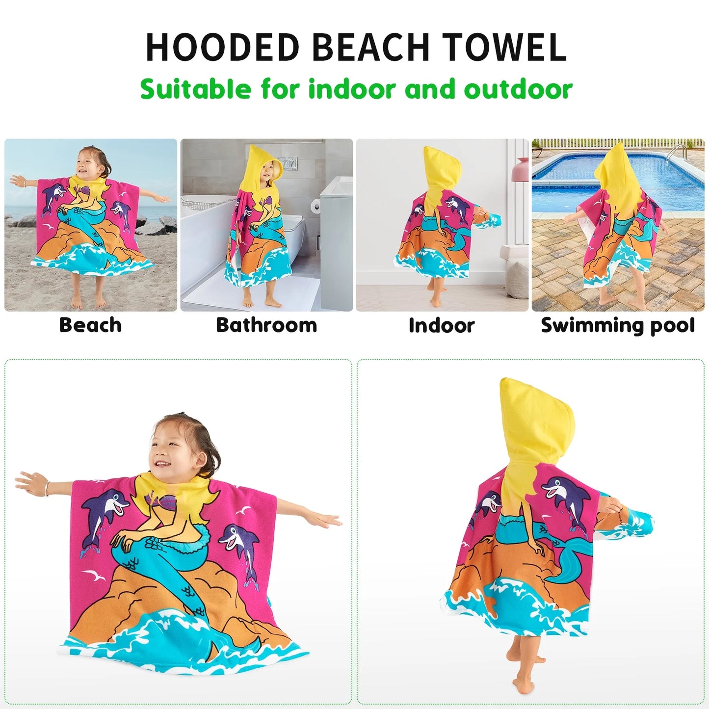 Baby Kids Bath and Beach Hooded Towel Wrap, 24" X 48", Rose Red Mermaid