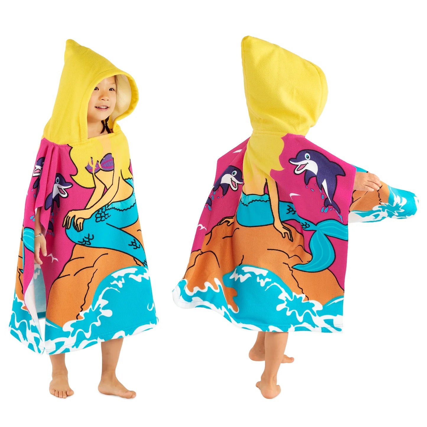 Baby Kids Bath and Beach Hooded Towel Wrap, 24" X 48", Rose Red Mermaid