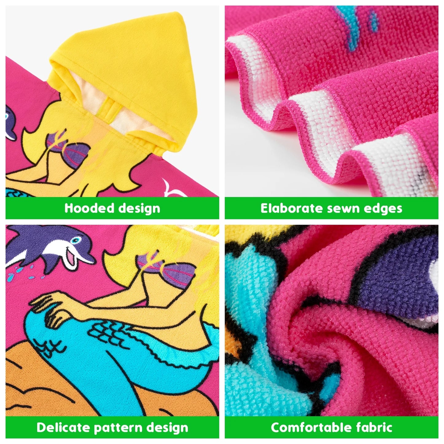 Baby Kids Bath and Beach Hooded Towel Wrap, 24" X 48", Rose Red Mermaid