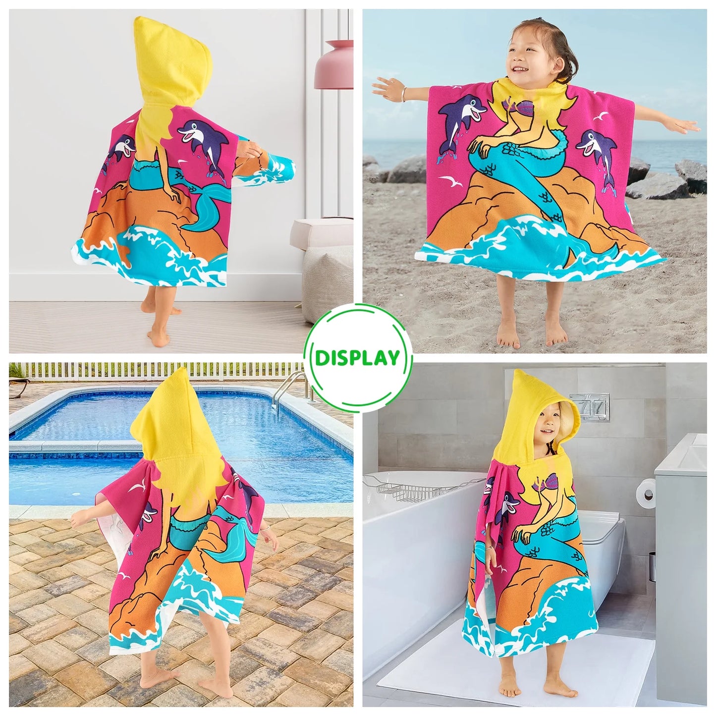 Baby Kids Bath and Beach Hooded Towel Wrap, 24" X 48", Rose Red Mermaid