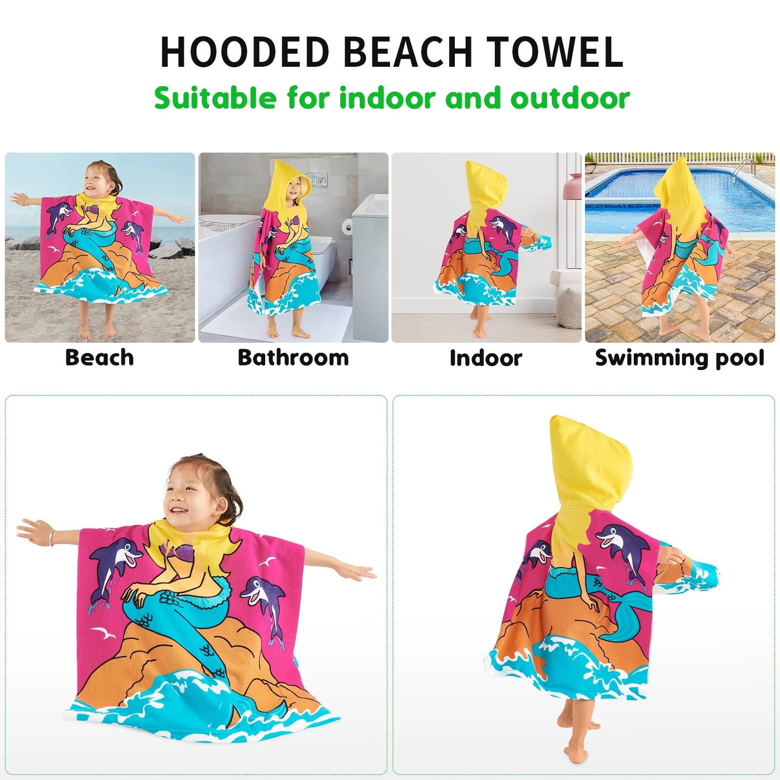 Baby Kids Bath and Beach Hooded Towel Wrap, 24" X 48", Rose Red Mermaid